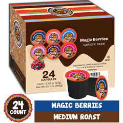 Crazy Cups berry flavors box showcase of assorted pods for refreshing iced coffee.