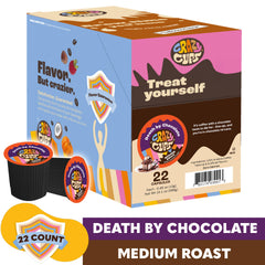 Crazy Cups Death by Chocolate packaging highlighting recyclable capsules.