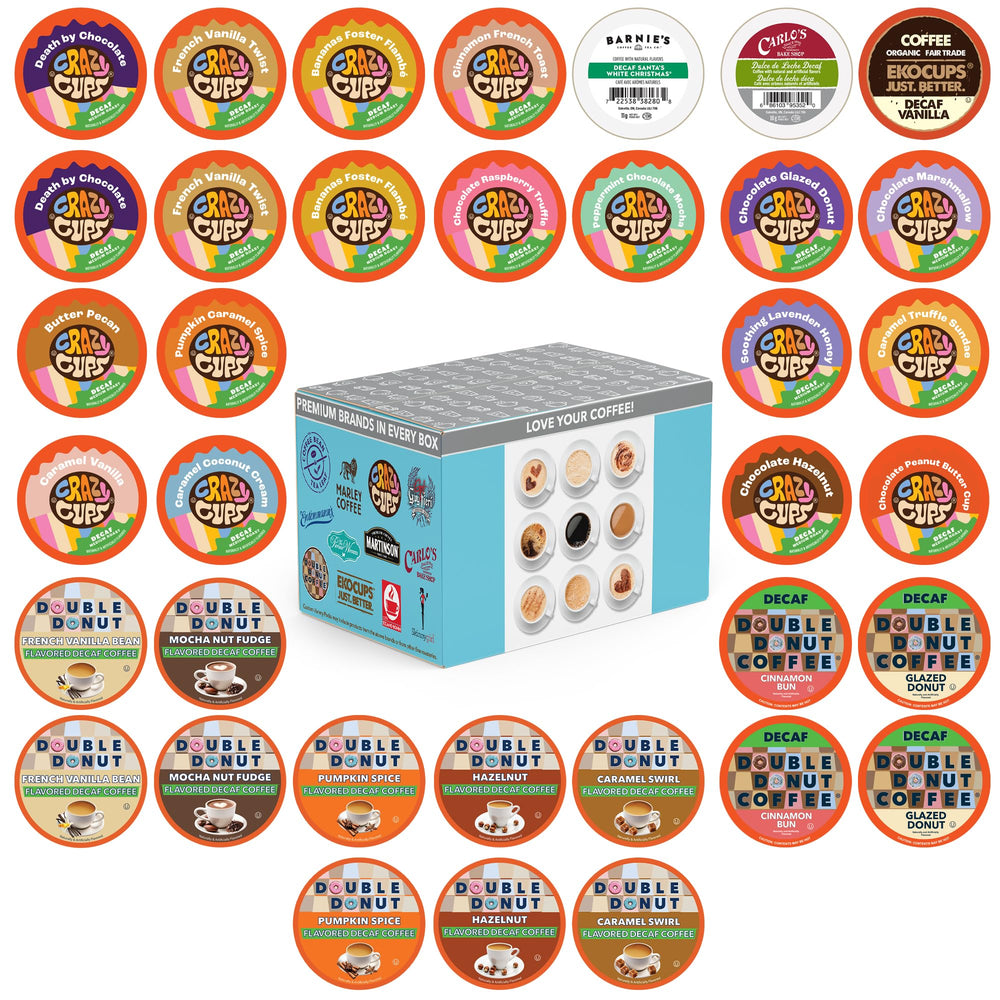 Crazy Cups flavored decaf coffee pods 36-count display showing variety and aroma.