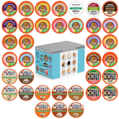 Crazy Cups flavored decaf coffee pods 36-count display showing variety and aroma.