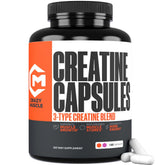 Crazy Muscle Creatine Capsules bottle front highlights ThreeAtine blend for workouts