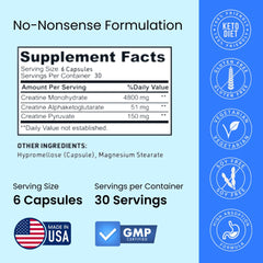 Creatine Capsules label close-up emphasizing easy daily dosing and no loading phase