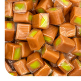CRAZYOUTLET caramel cubes with green apple yogurt filling in a 2lb pack, ideal for sharing.