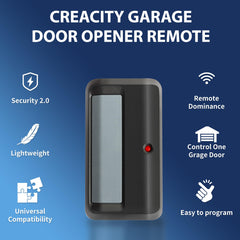 CreaCity universal remote side view, robust rolling-code security for safer garage access.