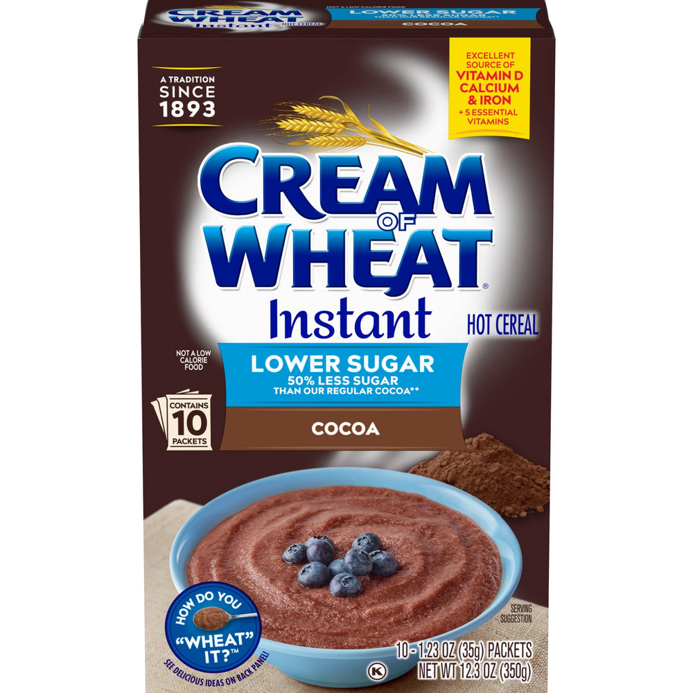 Cream of Wheat Cocoa packaging showcases convenient instant breakfast.