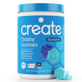 Create blue raspberry gummies bottle highlighting 1.5g Creatine Monohydrate for workouts