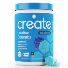 Create blue raspberry gummies bottle highlighting 1.5g Creatine Monohydrate for workouts