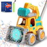 CreatiMachi bubble machine with bear-driver excavator for outdoor toddler play.