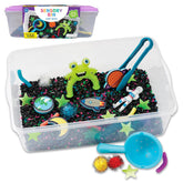 Creativity for Kids outer-space sensory bin promotes imaginative play and tactile exploration.