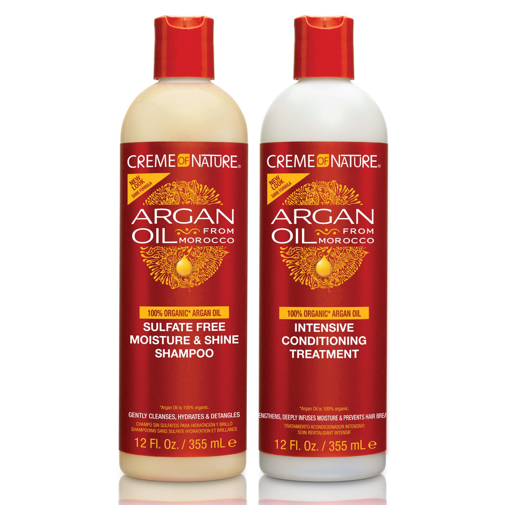 Creme of Nature Argan Oil shampoo bottle with rich lather for hydration and shine.