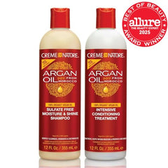 Creme of Nature Argan Oil shampoo label close-up showing sulfate-free moisturizing formula.