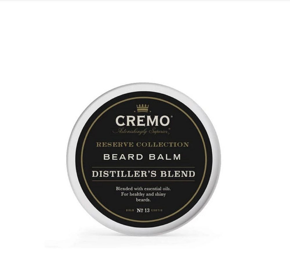 Cremo Distiller's Blend Beard Balm jar for controlled grooming and moisture.