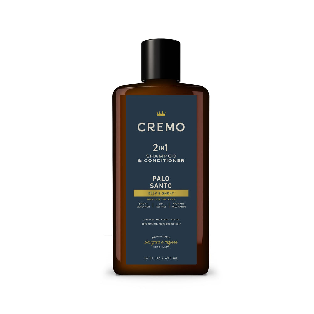 Cremo Palo Santo 2-in-1 bottle pour highlighting premium grooming benefits