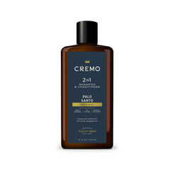 Cremo Palo Santo 2-in-1 bottle pour highlighting premium grooming benefits