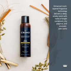 Cremo Palo Santo Body Spray mist application for quick refresh on the go.