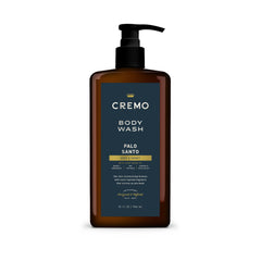 Cremo Palo Santo Body Wash pump bottle for easy shower routine and moisturizing cleanse.