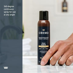 Cremo Palo Santo bottle angled shot highlights sleek design and branding.