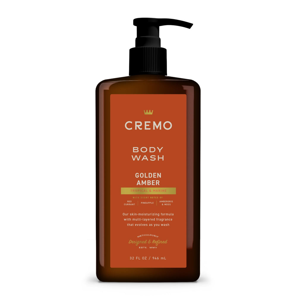 Cremo Rich-Lathering Golden Amber Body Wash bottle delivering a moisturizing cleanse.