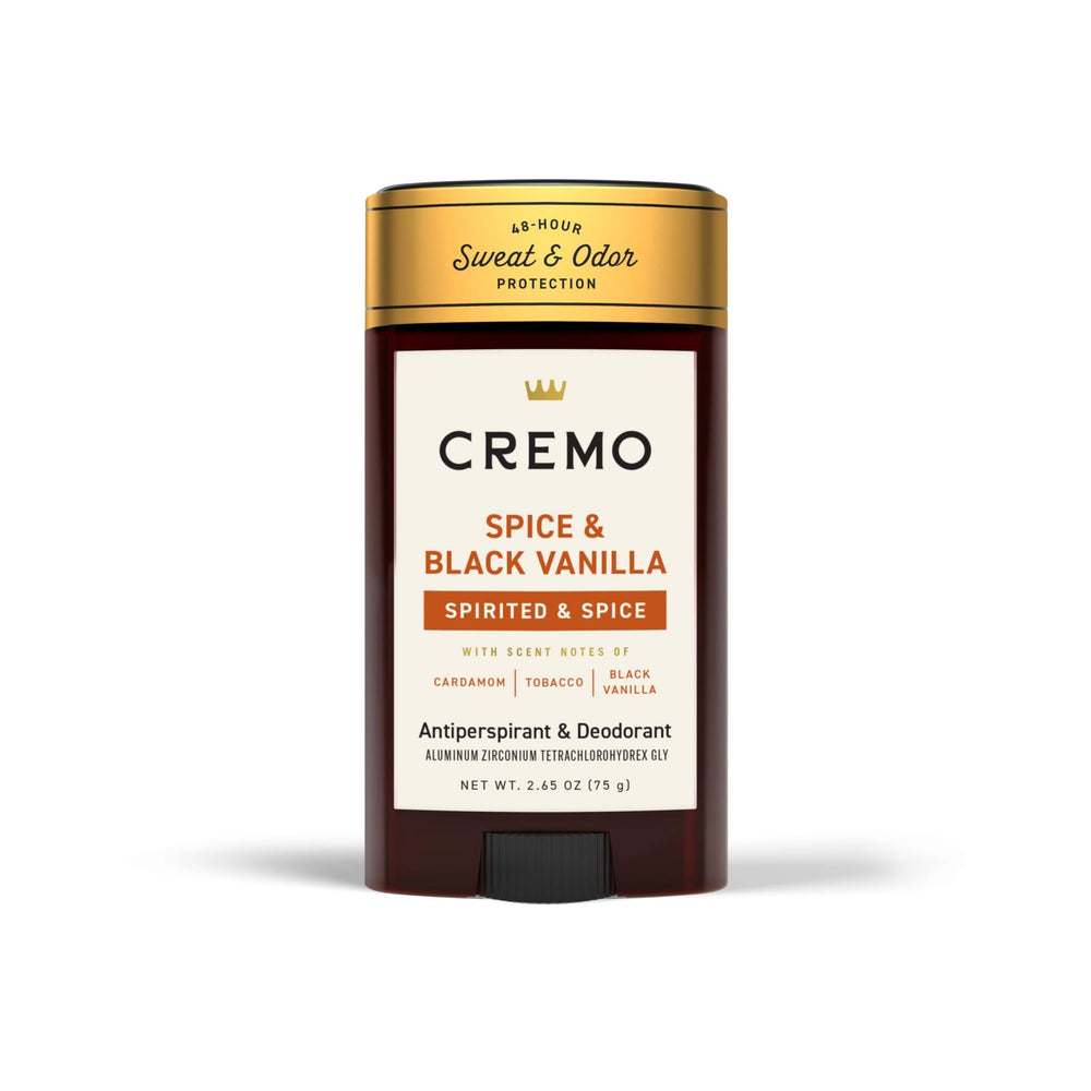 Cremo Spice & Black Vanilla deodorant bottle showing lasting fragrance.