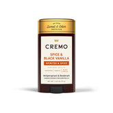 Cremo Spice & Black Vanilla deodorant bottle showing lasting fragrance.
