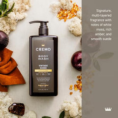 Cremo Vintage Suede body wash pump top showing easy dispensing.