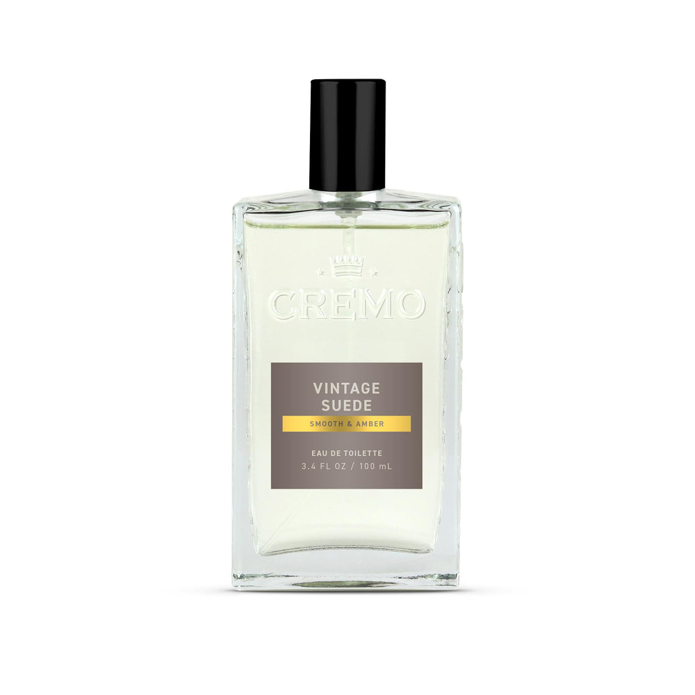 Cremo Vintage Suede bottle front view showing refined amber tones for daily wear