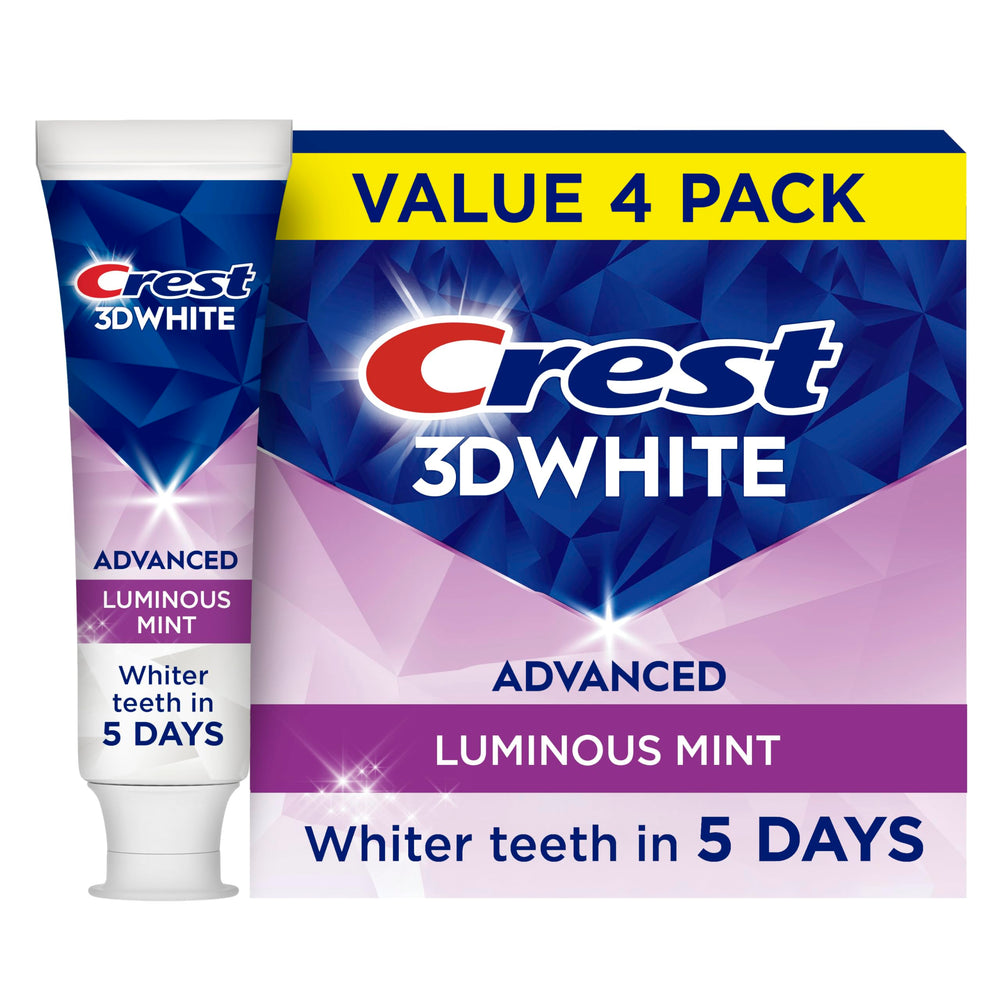 Crest 3D White Advanced Luminous Mint toothpaste tube ready for whitening and enamel protection.