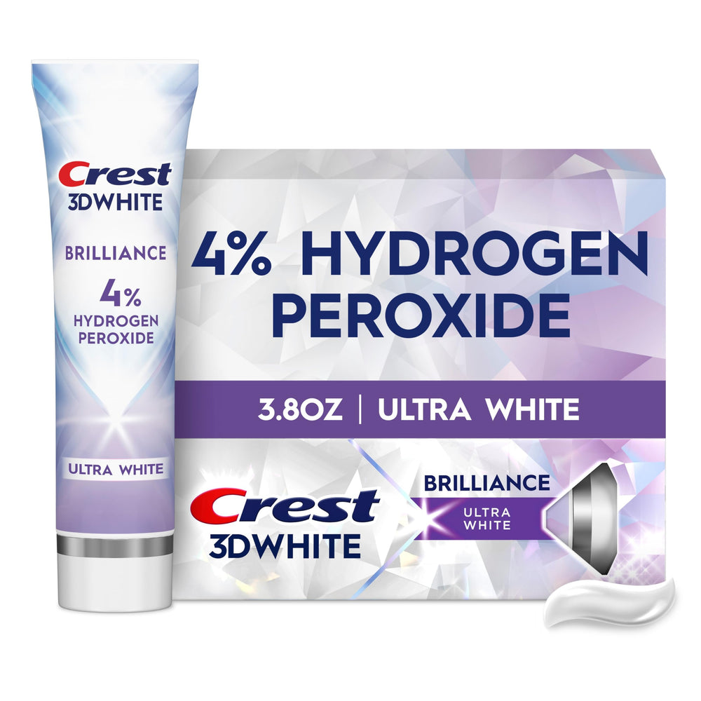 Crest 3D White Brilliance Pro toothpaste tube front highlights whitening formula for a brighter smile