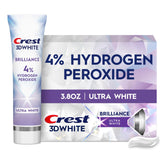 Crest 3D White Brilliance Pro toothpaste tube front highlights whitening formula for a brighter smile