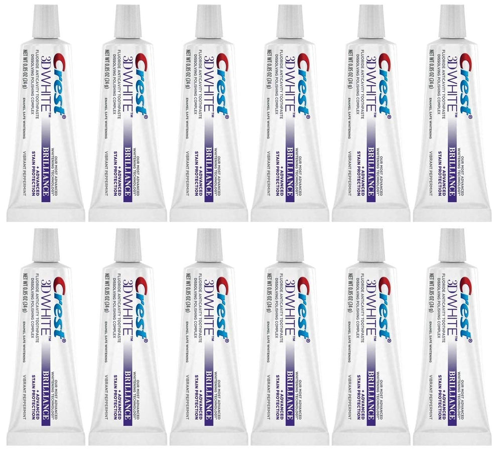 Crest 3D White Brilliance toothpaste tube with peppermint flavor for enamel protection.