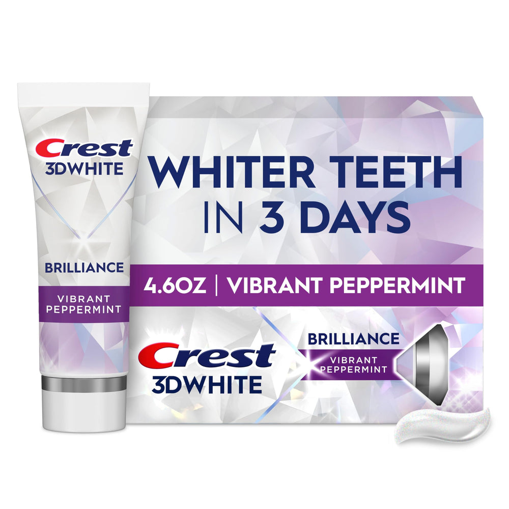 Crest 3D White Brilliance toothpaste tube in peppermint for whitening.