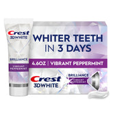 Crest 3D White Brilliance toothpaste tube in peppermint for whitening.