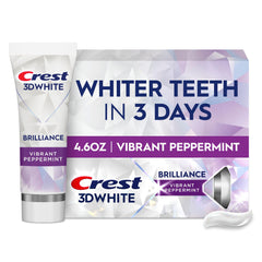 Crest 3D White Brilliance toothpaste tube in peppermint for whitening.
