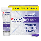 Crest 3D White Brilliance toothpaste tube front with purple branding for whitening.