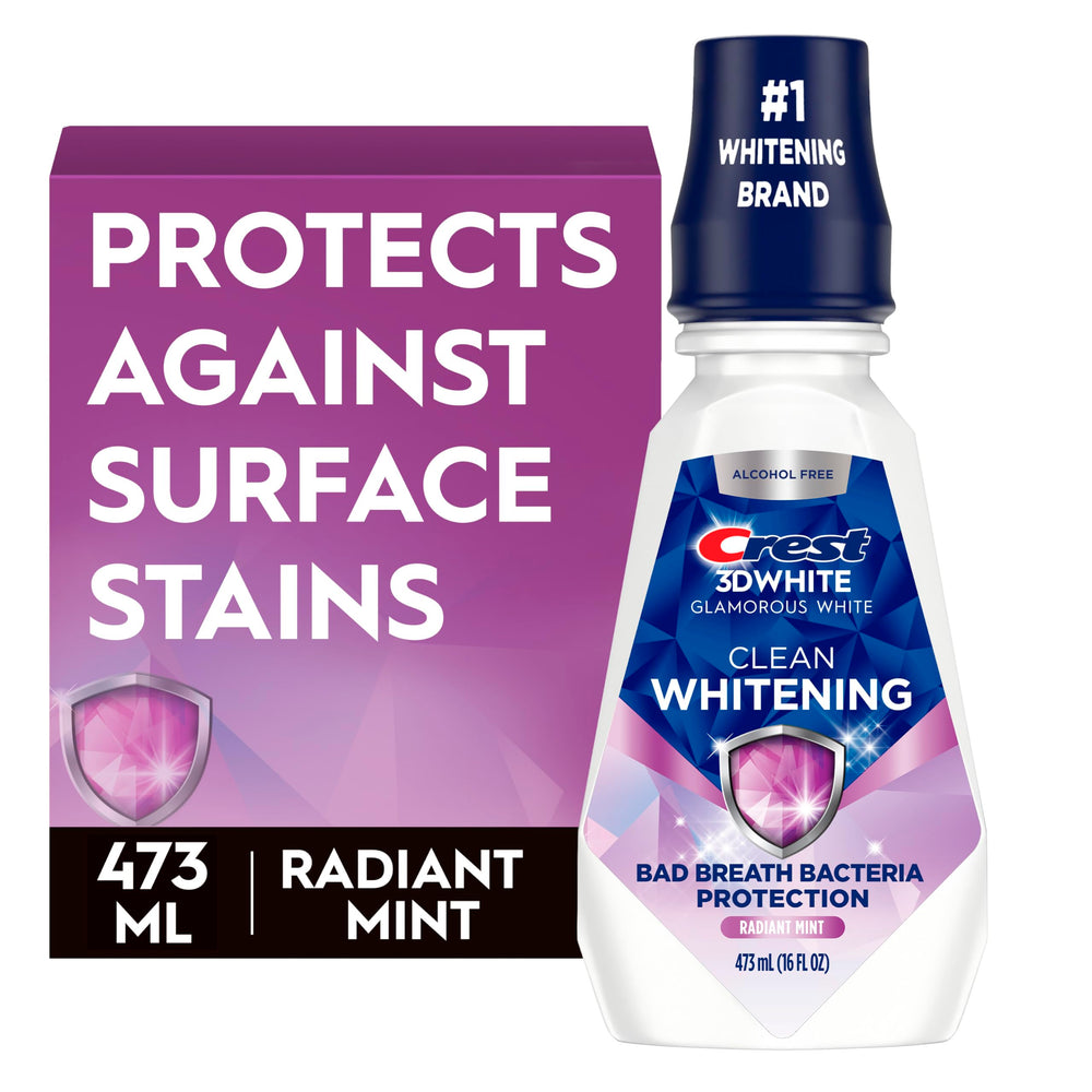 Crest 3D White Glamorous White bottle on bathroom counter for whitening routine.