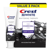 Crest 3D White Whitening Therapy Charcoal tube shows surface stain removal and deep-clean benefits.