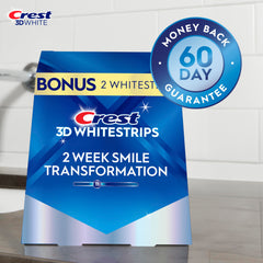 Crest 3D Whitestrips Glamorous White application step shows simple 30-minute routine