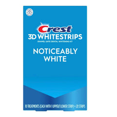 Crest 3D Whitestrips Noticeably White 20-strip pack showing potential whitening for a brighter smile
