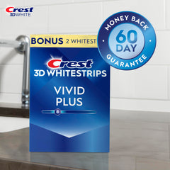 Crest 3D Whitestrips Vivid Plus packaging box showing kit contents
