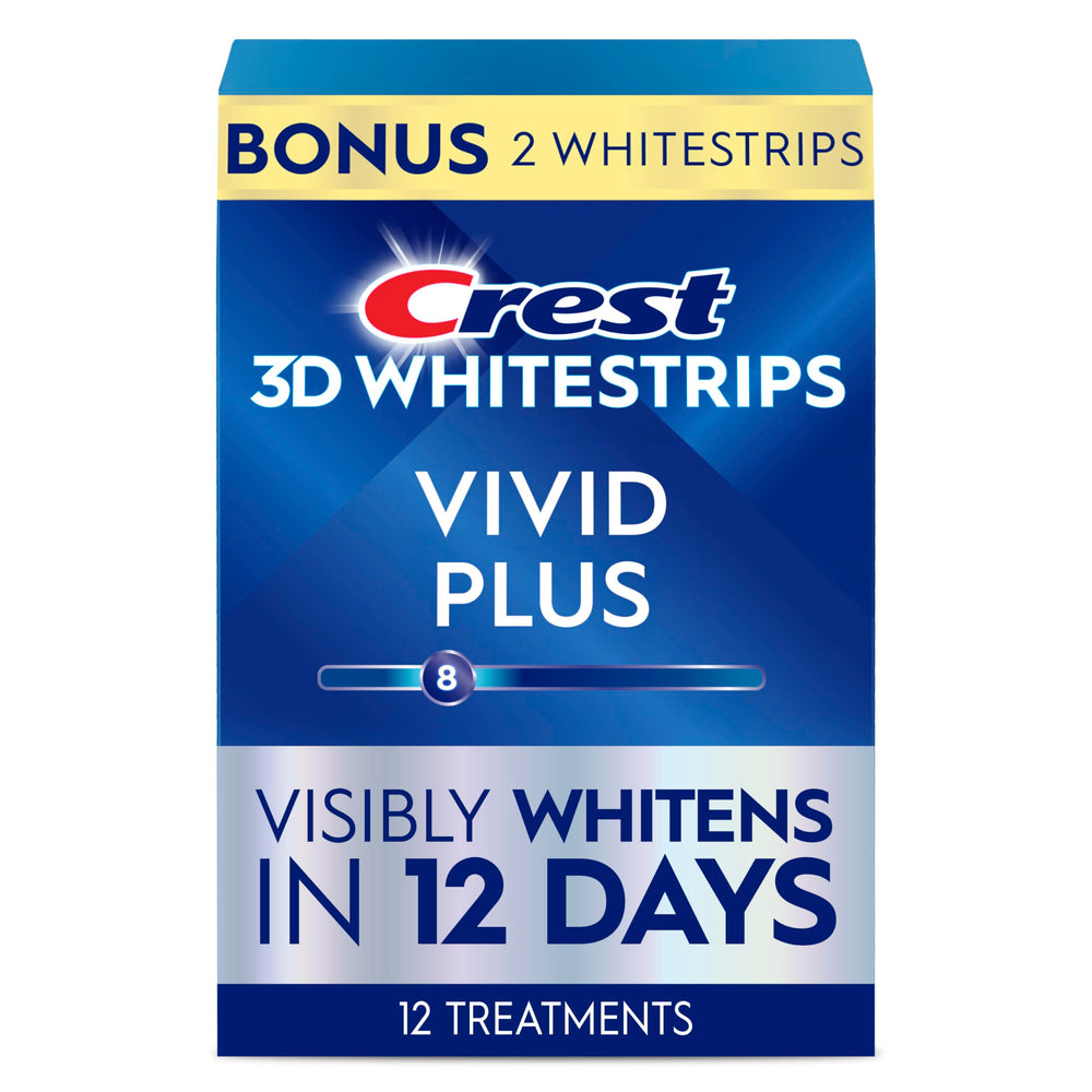 Crest 3D Whitestrips Vivid Plus top strip applied for whitening benefits
