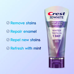 Crest 3D White Brilliance toothpaste tube dispensing on a sink