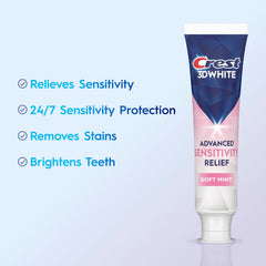 Two-tube Crest 3DWhite Sensitivity Relief packaging—convenience for family brushing routine.