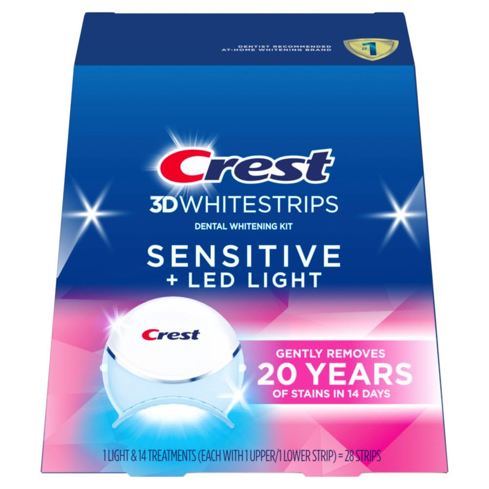 Crest 3DWhitestrips Sensitive LED Light kit top view highlighting the enamel-safe whitening system