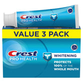Crest Base Pro-Health Whitening Toothpaste triple-pack box for daily whitening and protection.