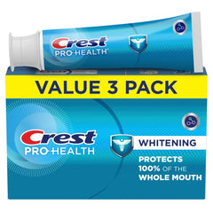Crest Base Pro-Health Whitening Toothpaste triple-pack box for daily whitening and protection.