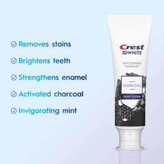 Crest Charcoal Deep Clean formula tube highlights cleaning action for brighter teeth.