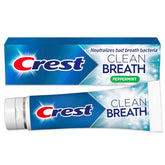 Crest Clean Breath Peppermint toothpaste tube on white background for long-lasting fresh breath
