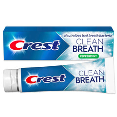 Crest Clean Breath Peppermint toothpaste tube on white background for long-lasting fresh breath