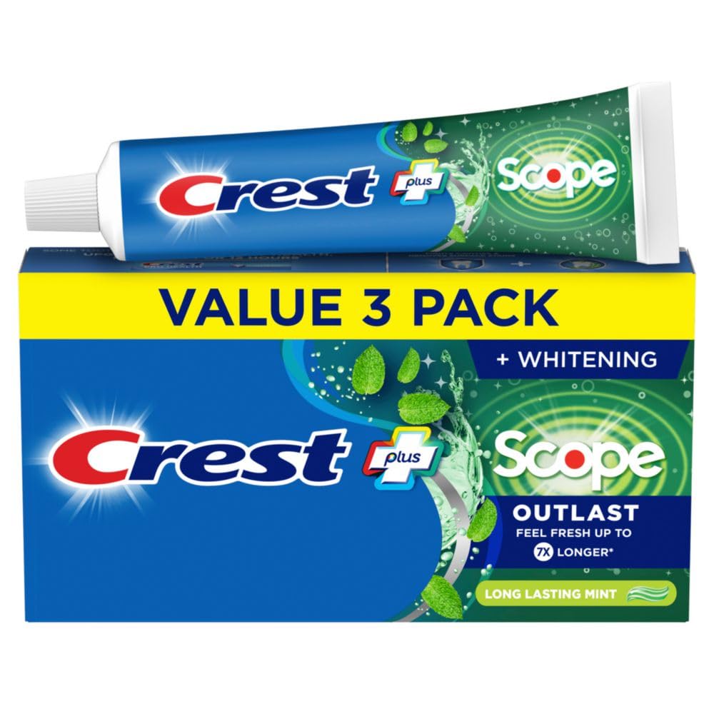 Crest Complete Whitening + Scope Outlast mint packaging triple-pack showing consistent whitening and freshness