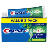 Crest Complete Whitening + Scope Outlast mint packaging triple-pack showing consistent whitening and freshness